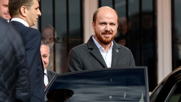 This file photo taken on November 01, 2015 shows Turkish President's son Bilal Erdogan leaving a polling station in Istanbul on November 1, 2015 after casting his vote for Turkey's legislative - Sputnik International