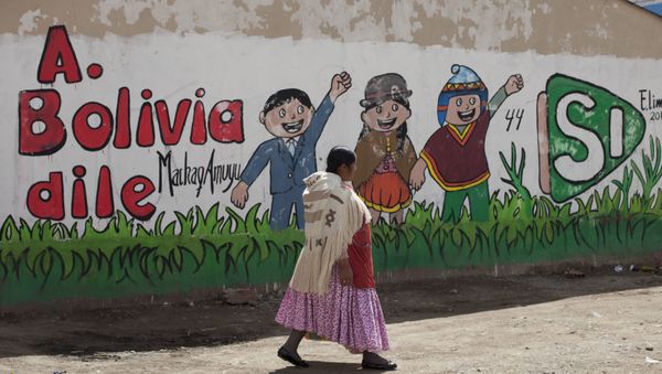 An Aymara woman walks past a mural that reads in Spanish Tell Bolivia Yes, in favor of President Evo Morales, in El Alto, Bolivia, Saturday, Feb. 20, 2016 An Aymara woman walks past a mural that reads in Spanish Tell Bolivia Yes, in favor of President Evo Morales, in El Alto, Bolivia, Saturday, Feb. 20, 2016 - Sputnik International
