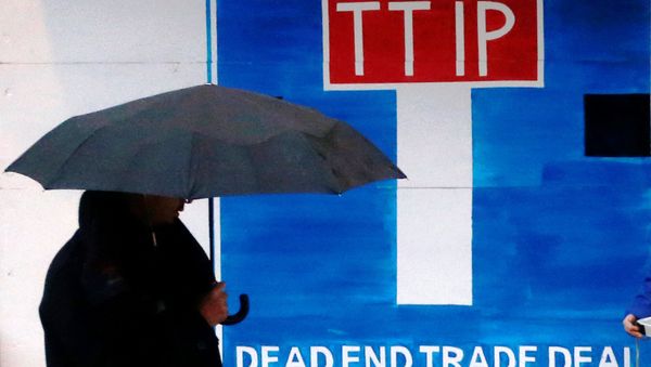 A pedestrian walks past a wooden blockade built by Greenpeace activists at the main entrance of a conference center where negotiators are expected to discuss the 12th Round of the Transatlantic Trade and Investment Partnership (TTIP) in Brussels, Belgium, February 22, 2016. - Sputnik International