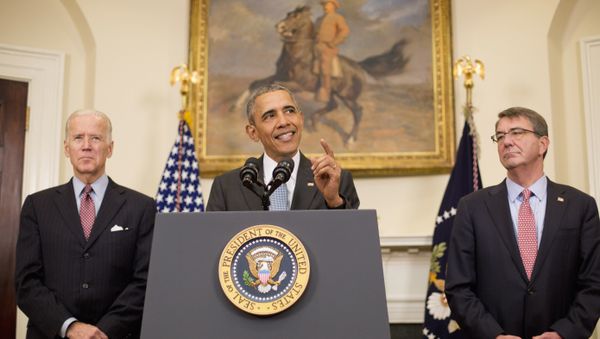 President Barack Obama, accompanied by Vice President Joe Biden and Defense Secretary Ash Carter, speaks in the Roosevelt Room of the White House in Washington, Tuesday, Feb. 23, 2016, to discuss the detention center at Guantanamo Bay, Cuba. President Barack Obama, accompanied by Vice President Joe Biden and Defense Secretary Ash Carter, speaks in the Roosevelt Room of the White House in Washington, Tuesday, Feb. 23, 2016, to discuss the detention center at Guantanamo Bay, Cuba. - Sputnik International