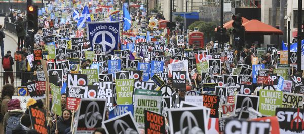 Protesters take part in a protest against the Trident nuclear missile system in London, February 27, 2016. Protesters take part in a protest against the Trident nuclear missile system in London, February 27, 2016. - Sputnik International