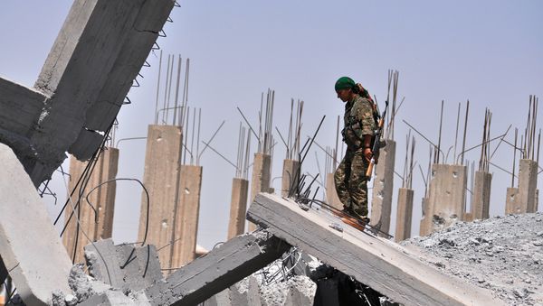 A female fighter from the Kurdish People Protection Unit (YPG) looks at destruction in the Syrian town of Ain Issi, some 50 kilometres north of Raqqa (File) - Sputnik International