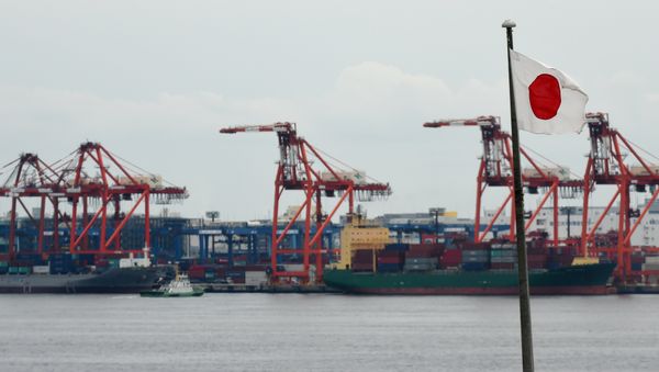 A Japanese national flag is seen in the foreground as international freighters are docked in Tokyo port on June 8, 2015 A Japanese national flag is seen in the foreground as international freighters are docked in Tokyo port on June 8, 2015 - Sputnik International