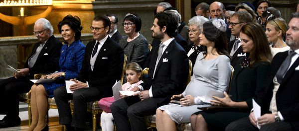 Front row from left, Sweden's King Carl Gustaf, Queen Silvia, Prince Daniel, Princess Estelle, Prince Carl Philip, Princess Sofia, Princess Madeleine and Christopher O'Neill attend a thanksgiving service for the newborn prince in the palace church at Stockholm Royal Palace, March 3, 2016 - Sputnik International