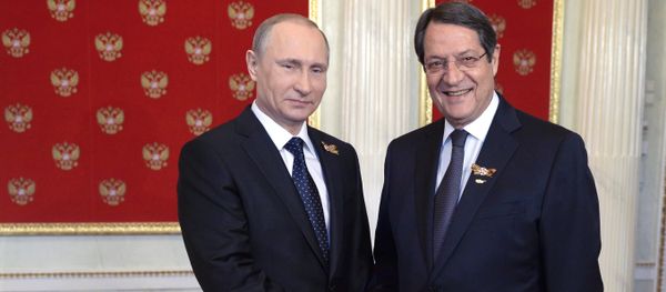 President Vladimir Putin, left, and President of Cyprus Nicos Anastasiades during the welcome reception for foreign delegation heads and honorary guests in the Kremlin (File) President Vladimir Putin, left, and President of Cyprus Nicos Anastasiades during the welcome reception for foreign delegation heads and honorary guests in the Kremlin (File) - Sputnik International