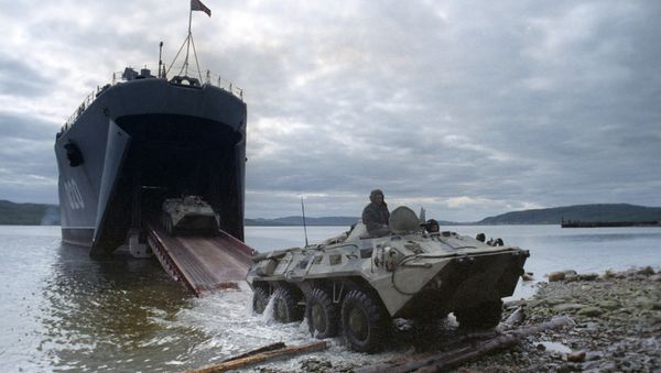 Northern Fleet. Barents Sea. Amphibious assault exercise using Mitrofan Moskalenko large landing ship Northern Fleet. Barents Sea. Amphibious assault exercise using Mitrofan Moskalenko large landing ship - Sputnik International