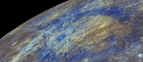 An enhanced-color image of Mercury, highlighting the carbon-rich material associated with impact craters An enhanced-color image of Mercury, highlighting the carbon-rich material associated with impact craters - Sputnik International