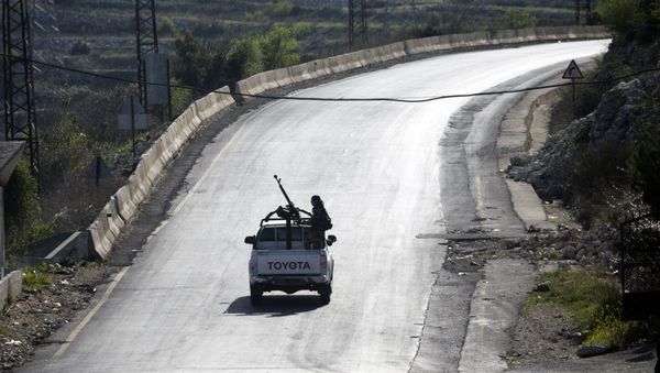 Syrian troops ride on a pickup truck with a mounted machine gun on a road near Latakia in Syria, March 2, 2016 - Sputnik International