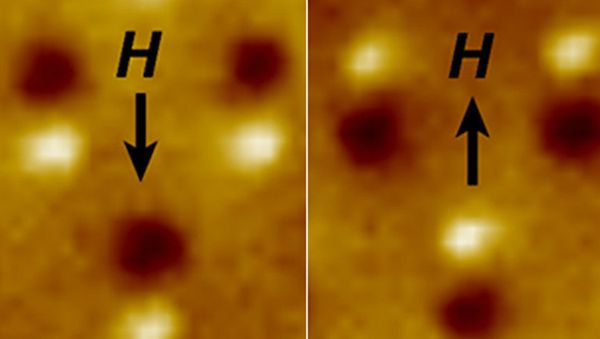Magnetic microscope image of three nanomagnetic computer bits Magnetic microscope image of three nanomagnetic computer bits - Sputnik International