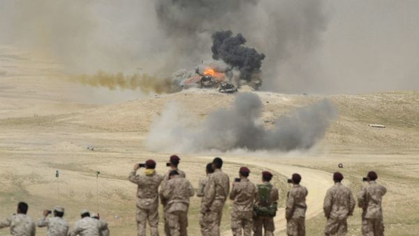 Soldiers take pictures as flame and smoke are seen following air bombardments during the Northern Thunder exercises, in Hafr Al-Batin, near Saudi Arabia's border with Iraq, March 10, 2016 Soldiers take pictures as flame and smoke are seen following air bombardments during the Northern Thunder exercises, in Hafr Al-Batin, near Saudi Arabia's border with Iraq, March 10, 2016 - Sputnik International