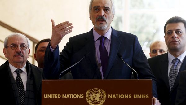 Syrian government's head of delegation, Bashar al-Jaafari speaks to media after a new round of negotiations between the U.N. with U.N. mediator for Syria Staffan de Mistura (not pictured) and Syrian government at the European headquarters of the United Nations in Geneva, Switzerland March 14, 2016 - Sputnik International
