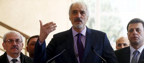 Syrian government's head of delegation, Bashar al-Jaafari speaks to media after a new round of negotiations between the U.N. with U.N. mediator for Syria Staffan de Mistura (not pictured) and Syrian government at the European headquarters of the United Nations in Geneva, Switzerland March 14, 2016 Syrian government's head of delegation, Bashar al-Jaafari speaks to media after a new round of negotiations between the U.N. with U.N. mediator for Syria Staffan de Mistura (not pictured) and Syrian government at the European headquarters of the United Nations in Geneva, Switzerland March 14, 2016 - Sputnik International
