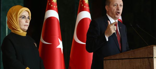 Turkish President Recep Tayyip Erdogan delivers a speech, flanked by his wife Emine (File) - Sputnik International