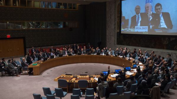 Staffan de Mistura, U.N. special envoy for Syria, is displayed on a video screen via video conference from Geneva, as the United Nations Security Council votes to support a resolution endorsing a cease-fire in Syria, Friday, Feb. 26, 2016 at United Nations headquarters - Sputnik International