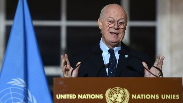 United Nations Syria envoy Staffan de Mistura speaks during a press conference in Geneva on March 15, 2016, on the second round of Syrian peace talks at the UN headquarters United Nations Syria envoy Staffan de Mistura speaks during a press conference in Geneva on March 15, 2016, on the second round of Syrian peace talks at the UN headquarters - Sputnik International