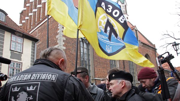 Ukrainian Azov Battalion members participate in SS veterans' march in Riga, file photo. - Sputnik International