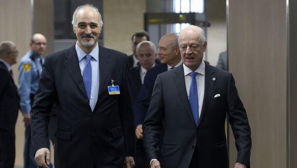 Syrian Ambassador to the United Nations (UN) and Head of the Government delegation Bashar al-Jaafari, left, and UN Special Envoy of the Secretary-General for Syria Staffan de Mistura, right, arrive to participate to new round of negotiations between the Syrian government and UN Special Envoy of the Secretary-General for Syria Staffan de Mistura at the United Nations Office in Geneva, on Wednesday, March 16, 2016 Syrian Ambassador to the United Nations (UN) and Head of the Government delegation Bashar al-Jaafari, left, and UN Special Envoy of the Secretary-General for Syria Staffan de Mistura, right, arrive to participate to new round of negotiations between the Syrian government and UN Special Envoy of the Secretary-General for Syria Staffan de Mistura at the United Nations Office in Geneva, on Wednesday, March 16, 2016 - Sputnik International