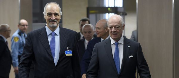 Syrian Ambassador to the United Nations (UN) and Head of the Government delegation Bashar al-Jaafari, left, and UN Special Envoy of the Secretary-General for Syria Staffan de Mistura, right, arrive to participate to new round of negotiations between the Syrian government and UN Special Envoy of the Secretary-General for Syria Staffan de Mistura at the United Nations Office in Geneva, on Wednesday, March 16, 2016 Syrian Ambassador to the United Nations (UN) and Head of the Government delegation Bashar al-Jaafari, left, and UN Special Envoy of the Secretary-General for Syria Staffan de Mistura, right, arrive to participate to new round of negotiations between the Syrian government and UN Special Envoy of the Secretary-General for Syria Staffan de Mistura at the United Nations Office in Geneva, on Wednesday, March 16, 2016 - Sputnik International