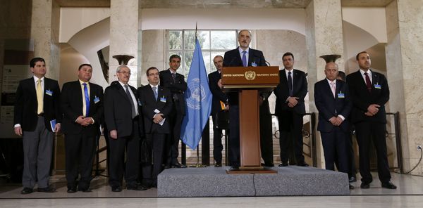 Syrian government delegation headed by Bashar al-Jaafari attends a news conference after a meeting on Syria at the European headquarters of the United Nations in Geneva, Switzerland, March 16, 2016 Syrian government delegation headed by Bashar al-Jaafari attends a news conference after a meeting on Syria at the European headquarters of the United Nations in Geneva, Switzerland, March 16, 2016 - Sputnik International