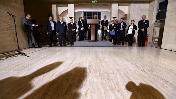 The delegation of the High Negotiations Committee (HNC) attends a news conference after a meeting during Syria peace talks at the United Nations in Geneva, Switzerland The delegation of the High Negotiations Committee (HNC) attends a news conference after a meeting during Syria peace talks at the United Nations in Geneva, Switzerland - Sputnik International