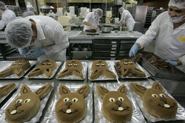 Workers make rabbit head-shaped chocolate cakes, at the production line of a chocolate factory, in Sao Paulo, Brazil, during Easter. (File) - Sputnik International