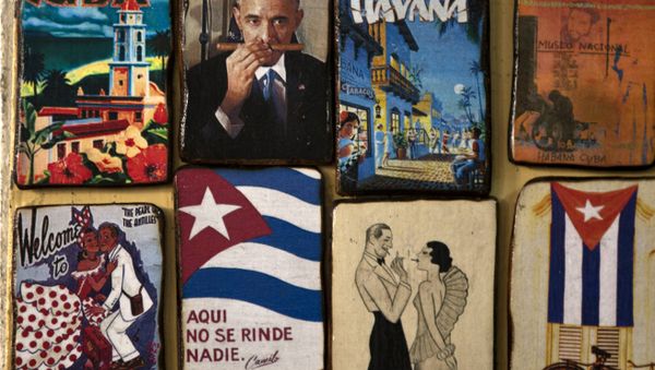 Magnets for sale decorate a tourist shop, one showing an image of U.S. President Barack Obama smelling a cigar, at a market in Havana, Cuba, Monday, March 16, 2015 Magnets for sale decorate a tourist shop, one showing an image of U.S. President Barack Obama smelling a cigar, at a market in Havana, Cuba, Monday, March 16, 2015 - Sputnik International