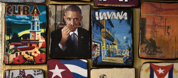 Magnets for sale decorate a tourist shop, one showing an image of U.S. President Barack Obama smelling a cigar, at a market in Havana, Cuba, Monday, March 16, 2015 - Sputnik International