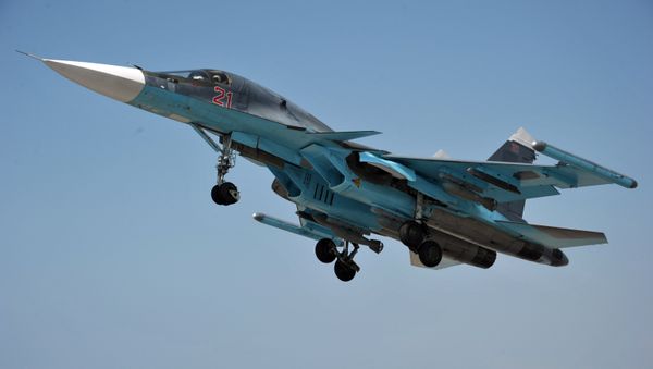 A Su-34 strike fighter  with the Khibiny ECM modules on the wing tips - Sputnik International