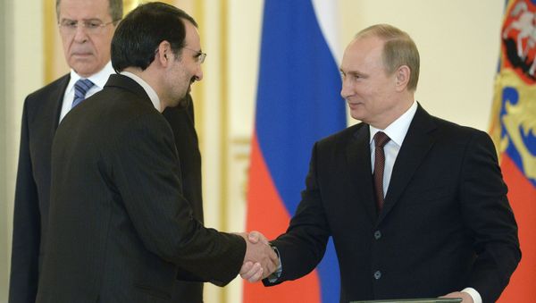 Russia's President Vladimir Putin (R) shakes hands with Iran's ambassador to Russia, Mehdi Sanai (File) - Sputnik International