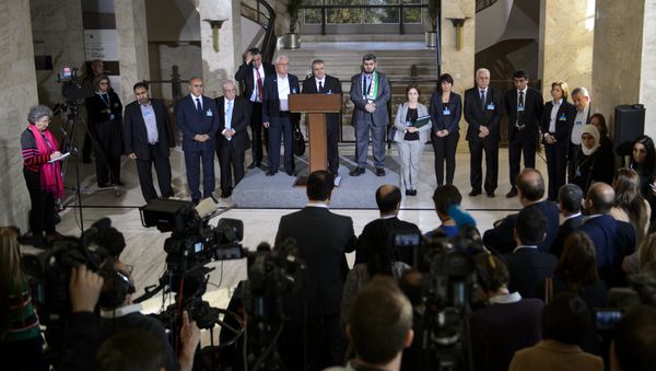 High Negotiations Committee (HNC) members take part in a press briefing on March 22, 2016 in Geneva following a meeting of the HCN with UN Syria envoy during Syria peace talks at the United Nations in Geneva High Negotiations Committee (HNC) members take part in a press briefing on March 22, 2016 in Geneva following a meeting of the HCN with UN Syria envoy during Syria peace talks at the United Nations in Geneva - Sputnik International