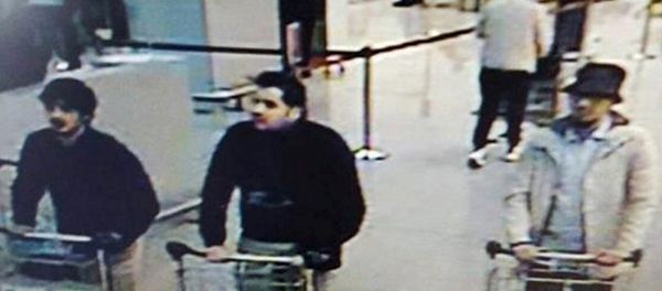 CCTV surveillance image shows three men identified as suspects in the Brussels attacks. CCTV surveillance image shows three men identified as suspects in the Brussels attacks. - Sputnik International