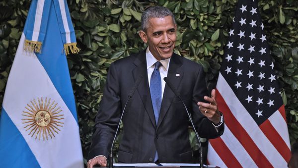 US President Barack Obama delivers a speech during a state dinner with Argentine President Mauricio Macri at the Kirchner Cultural Centre in Buenos Aires on March 23, 2016 US President Barack Obama delivers a speech during a state dinner with Argentine President Mauricio Macri at the Kirchner Cultural Centre in Buenos Aires on March 23, 2016 - Sputnik International