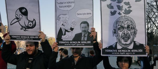 Members of the Turkish Youth Union hold cartoons depicting Turkey's Prime Minister Recep Tayyip Erdogan during a protest against a ban on Twitter, in Ankara, Turkey, Friday, March 21, 2014 - Sputnik International