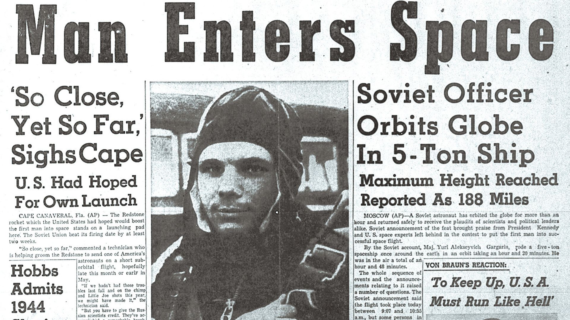 Soviet cosmonaut Yuri Gagarin, the first man to travel into space, hits the headline of the US paper The Huntsville Times on April 12, 1961 Soviet cosmonaut Yuri Gagarin, the first man to travel into space, hits the headline of the US paper The Huntsville Times on April 12, 1961 - Sputnik International, 1920, 17.04.2023