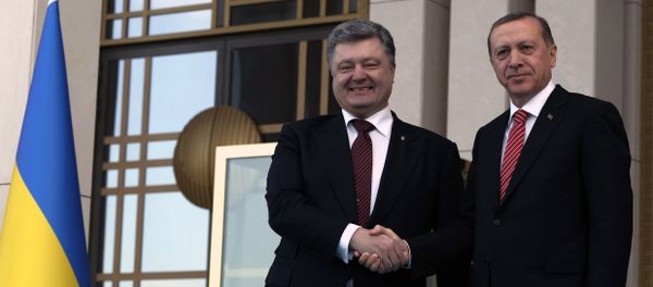 Turkey's President Recep Tayyip Erdogan and Ukraine's President Petro Poroshenko shake hands during a welcoming ceremony in Ankara. - Sputnik International