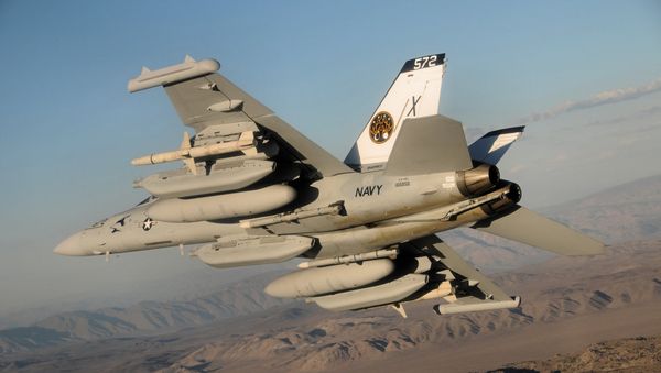 An EA-18G Growler (BuNo 166856) of test and evaluation squadron VX-9 Vampires, carrying a payload of external fuel tanks and missiles - Sputnik International