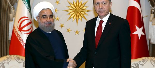 Turkish President Tayyip Erdogan (R) shakes hands with his Iranian counterpart Hassan Rouhani during a welcoming ceremony at the Presidential Palace in Ankara, Turkey April 16, 2016 Turkish President Tayyip Erdogan (R) shakes hands with his Iranian counterpart Hassan Rouhani during a welcoming ceremony at the Presidential Palace in Ankara, Turkey April 16, 2016 - Sputnik International