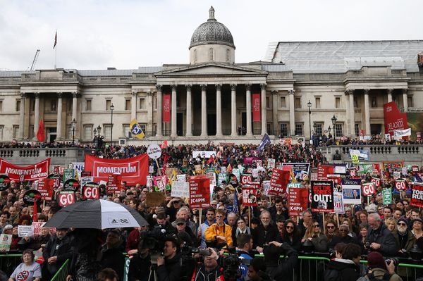Protesters with placards and banners demonstrating on a variety of domestic issues including a call for British Prime Minister David Cameron to stand down, organised by the People’s Assembly Against Austerity, listen to speeches in Trafalgar Square after marching in central London on April 16, 2016. Protesters with placards and banners demonstrating on a variety of domestic issues including a call for British Prime Minister David Cameron to stand down, organised by the People’s Assembly Against Austerity, listen to speeches in Trafalgar Square after marching in central London on April 16, 2016. - Sputnik International