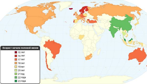 World map of an average age of beginning sexual intercourse by country. World map of an average age of beginning sexual intercourse by country. - Sputnik International