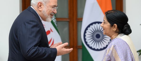 Indian Foreign Minister Sushma Swaraj (R) looks towards Iran's Foreign Minister Javad Zarif as they greet each other ahead of a meeting in New Delhi - Sputnik International