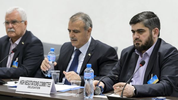 Members of the Syrian opposition delegation of the High Negotiations Committee (HNC) George Sabra (L) delegation head Asaad Al-Zoubi (C) and Chief negotiator, Army of Islam rebel group's Mohammed Alloush (R) attend a meeting with U.N. mediator on Syria Staffan de Mistura during Syria peace talks at the United Nations in Geneva, Switzerland, April 15, 2016 Members of the Syrian opposition delegation of the High Negotiations Committee (HNC) George Sabra (L) delegation head Asaad Al-Zoubi (C) and Chief negotiator, Army of Islam rebel group's Mohammed Alloush (R) attend a meeting with U.N. mediator on Syria Staffan de Mistura during Syria peace talks at the United Nations in Geneva, Switzerland, April 15, 2016 - Sputnik International