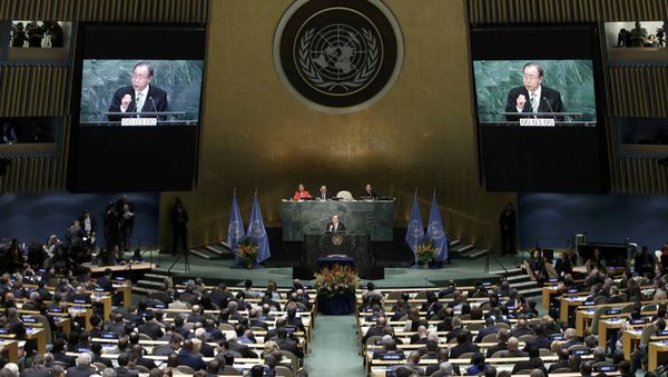 Ban Ki-moon, Secretary-General of the United Nations, delivers his opening remarks at the Paris Agreement signing ceremony on climate change at the United Nations Headquarters in Manhattan, New York, U.S., April 22, 2016 Ban Ki-moon, Secretary-General of the United Nations, delivers his opening remarks at the Paris Agreement signing ceremony on climate change at the United Nations Headquarters in Manhattan, New York, U.S., April 22, 2016 - Sputnik International