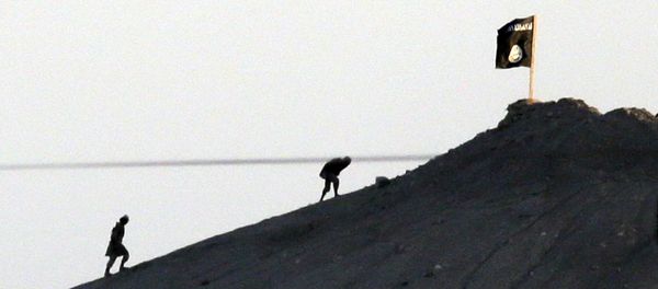 Shot with an extreme telephoto lens and through haze from the outskirts of Suruc at the Turkey-Syria border, militants with the Islamic State group are seen after placing their group's flag on a hilltop at the eastern side of the town of Kobani, Syria (File) Shot with an extreme telephoto lens and through haze from the outskirts of Suruc at the Turkey-Syria border, militants with the Islamic State group are seen after placing their group's flag on a hilltop at the eastern side of the town of Kobani, Syria (File) - Sputnik International