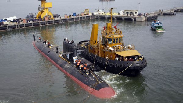 The INS Kalvari, one of the six Scorpene diesel-electric attack submarines, is set afloat at the naval dockyard in Mumbai, India (File) - Sputnik International