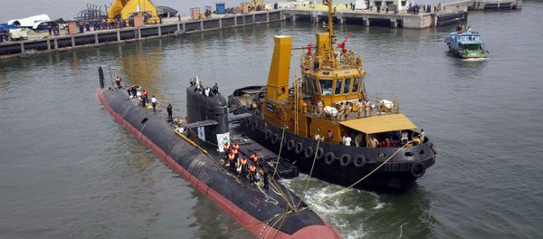The INS Kalvari, one of the six Scorpene diesel-electric attack submarines, is set afloat at the naval dockyard in Mumbai, India (File) - Sputnik International