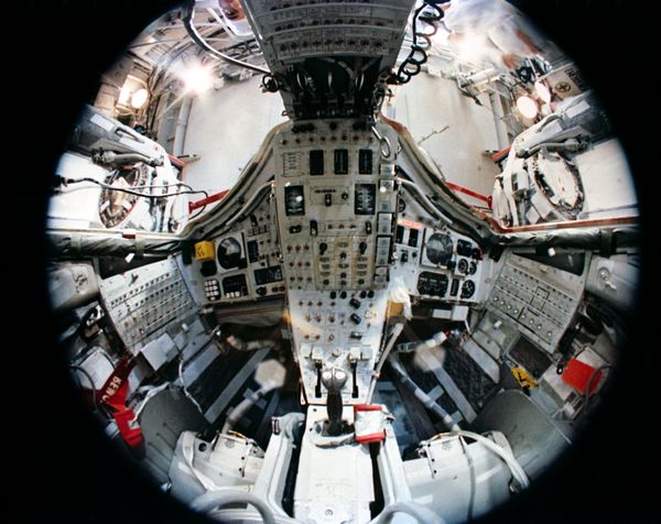 A fish-eye lens was used to photograph this Gemini flight article's forward displays and controls. The first piloted Gemini flight, Gemini 3, went into orbit in March 1965 A fish-eye lens was used to photograph this Gemini flight article's forward displays and controls. The first piloted Gemini flight, Gemini 3, went into orbit in March 1965 - Sputnik International