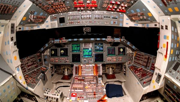 The cockpit of the orbiter Atlantis is seen in the round, revealing the new full-color flat panel Multifunction Electronic Display Subsystem (MEDS), also called the glass cockpit. The cockpit of the orbiter Atlantis is seen in the round, revealing the new full-color flat panel Multifunction Electronic Display Subsystem (MEDS), also called the glass cockpit. - Sputnik International