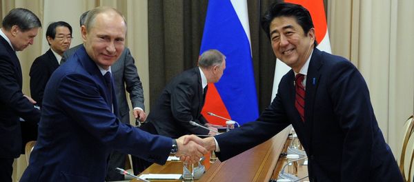 Russian President Vladimir Putin and Japanese Prime Minister Shinzo Abe shake hands at their meeting in the Bocharov Ruchei residence in Sochi, Russia, Saturday, Feb. 8, 2014. - Sputnik International