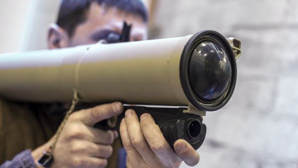 A Shmel (Bumblebee) RPO PDM-A flamethrower on display at the International Exhibition of Homeland Security Interpolitex 2015 in Moscow. - Sputnik International