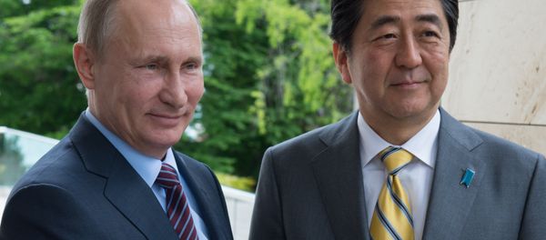 Russian President Vladimir Putin and Japanese Prime Minister Shinzo Abe shake hands at their meeting in the Bocharov Ruchei residence in Sochi, Russia, Friday, May 6, 2016 - Sputnik International